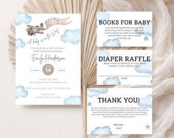 Boy Airplane Baby Shower Invitation Bundle, Cloud Sky Theme Baby Shower Invite, Editable Printable Canva Template (Digital Download)