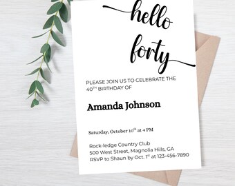 Hello Forty Birthday Invite, Modern Script Minimalist Invitation,  Printable, Editable Canva Template