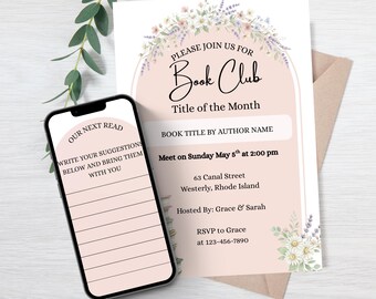 Editable Pink Book Club Invitation Template for Canva (Digital Download)