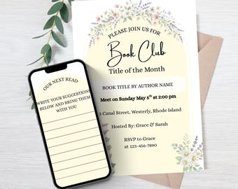 Editable Yellow Book Club Invitation Template for Canva (Digital Download)