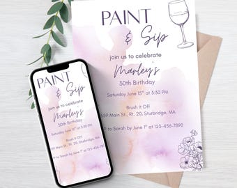 Paint & Sip Birthday Invitation, Purple Watercolor Template, Editable Canva Template Printable