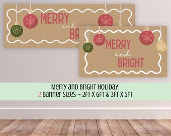 Merry and Bright Holiday Christmas Banner Template, Muted Colors, Home Holiday Decoration Sign, Editable Canva Template (Digital Download)