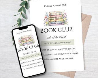 Editable Green Book Club Invitation Template for Canva (Digital Download)