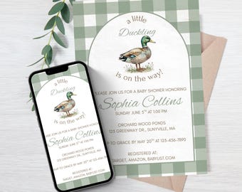 Mallard Duck Baby Shower Invitation Bundle, Green Plaid Duckling Baby Shower Invite, Duck Hunting Shower, Editable Canva Template