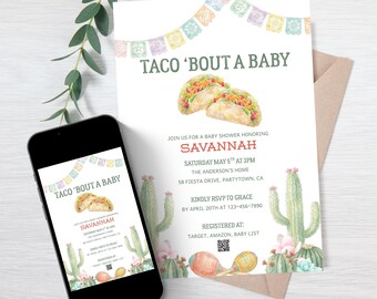Taco 'Bout a Baby Fiesta Cactus Greenery Pink Floral watercolor Baby Shower Invitation Template, Instant Download Editable Printable Invite