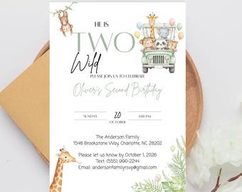 Second Birthday Invitation, Party Animal Jungle Safari, TWO Wild Birthday Invite, Editable Printable Canva Template (Digital Download)