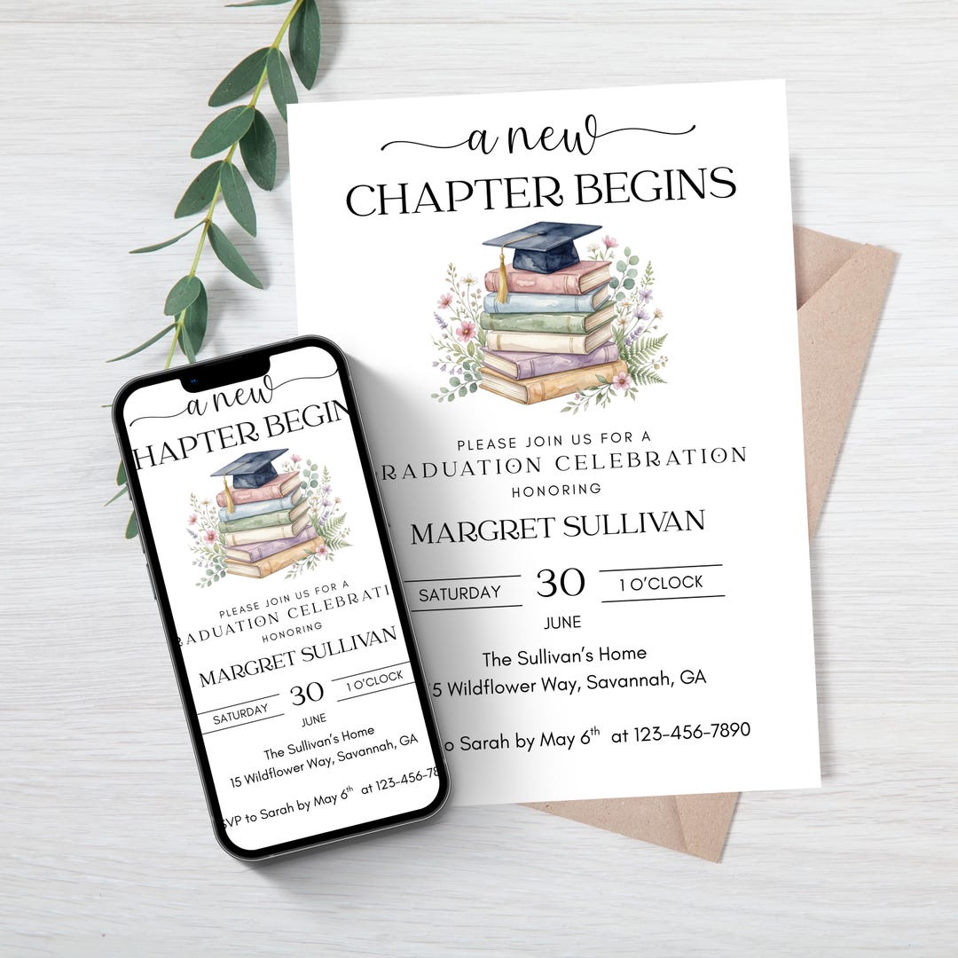 Editable, A New Chapter Begins Graduation Party Invitation, Bookish ...