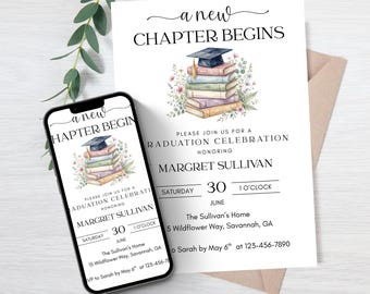 Editable, A New Chapter Begins Graduation Party Invitation, Bookish Grad Invite, Printable, Canva Template