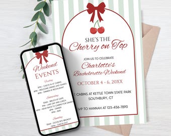 Faire-part d'enterrement de vie de jeune fille modifiable Cerise sur le dessus, itinéraire de week-end Canva, itinéraire de douche nuptiale coquette verte, invitation imprimable