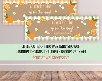 Little Cutie On The Way Baby Shower Banner Mockup, Orange Green Gingham Sign, 2x6 ft digital banner, Editable Printable Canva Template