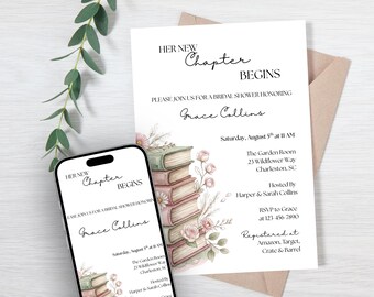 Bridal Shower Invitation, Her Next Chapter Begins, Vintage Literary Wedding Shower Invite, Book Lover Bride, Editable Printable Template