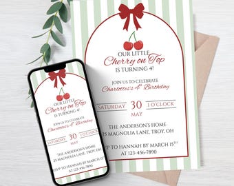 Cherry on Top Birthday Invitation, Green Stripes Coquette Invite, any age party, Editable Canva Template, Printable