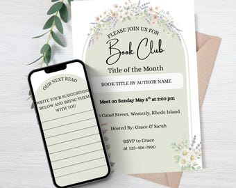 Editable Green Book Club Invitation Template for Canva (Digital Download)
