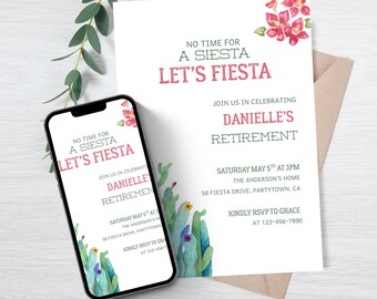 No time for Siesta Let's Fiesta Cactus watercolor Retirement Fiesta Invitation Template Instant Download Editable Printable Invite