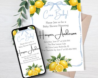 ciao baby shower lemon theme | Ciao Baby Lemons Invite, Italian Baby Shower Invitation Printable, Blue and Yellow, Editable Canva Template