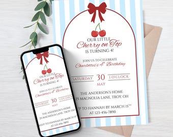 Cherry on Top Birthday Invitation, Blue Stripes Coquette Invite, any age party, Editable Canva Template, Printable