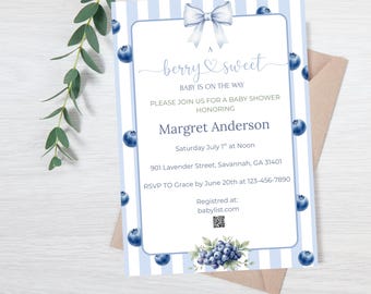 Blueberry Baby Shower Invitation, Berry Sweet Baby Invite, coquette bow Editable Canva Template, Printable