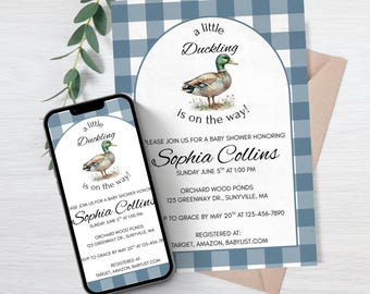 Mallard Baby Shower Invitation Bundle Blue Plaid Duckling Baby Shower Invite Duck Hunting Shower Canva Editable Template Instant Download