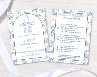 Beach Bachelorette Party Invitation & Itinerary: Last Toast on The Coast (Printable, Editable Canva, Digital Download)