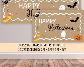 Happy Halloween Banner, Spooky Classroom Decor, Halloween Home Sign, Cute Ghost, Bat, Spider, Editable Canva Template