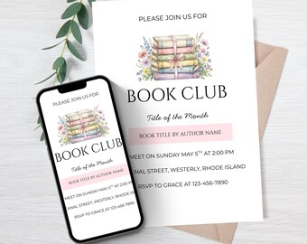 Editable Pink Book Club Invitation Template for Canva (Digital Download)