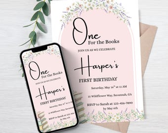 Book Birthday Invitation, One for the Books First Birthday Invite, Pink Storybook Invite, Editable Canva Template, Printable