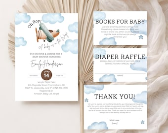 Airplane Baby Shower Invitation Bundle, Travel Baby Shower Theme, Classic Baby Shower Invite, Editable Printable Canva Template