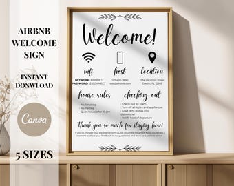 Printable Airbnb Welcome Sign Template, Editable Vacation Rental Guest Information, WiFi Password Sign, VRBO Check Out Sign Digital Download