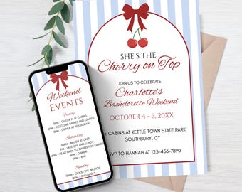 Faire-part d'enterrement de vie de jeune fille modifiable Cerise sur le dessus, itinéraire de week-end Canva bleu, itinéraire de douche nuptiale Coquette, invitation imprimable
