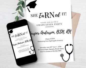 eaRNed it! Nursing School Graduation Invitation Template, Nursing School Pinning Ceremony Invite, Printable, Editable Canva Digital Download