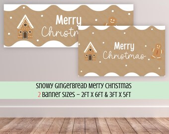 Editable Snowy Gingerbread Merry Christmas Banner, Home Holiday Decor Sign, Printable Canva Template (Digital Download)