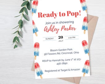 Patriotic Baby Shower Invitation, Ready to Pop Theme, Watercolor Popsicles, Editable Printable Canva Template (Digital Download)