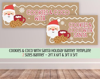 Editable Holiday Event Banner, Cute Cookies and Coco with Santa Sign, Printable Canva Template (Digital Download)
