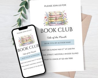 Editable Blue Book Club Invitation Template for Canva (Digital Download)