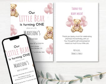 Teddy Bear First Birthday Invitation Template, Matching Thank You Note, Beary Invite (Digital Download)
