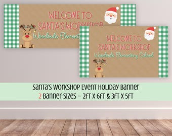 Editable Holiday Event Banner, Santa Workshop Sign, Traditional Holiday Decor, School Event Sign, Editable Canva Template (Digital Download)