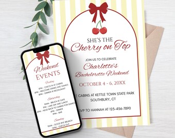 Faire-part d'enterrement de vie de jeune fille modifiable Cerise sur le dessus, itinéraire de week-end Canva jaune, itinéraire de douche nuptiale coquette, invitation imprimable