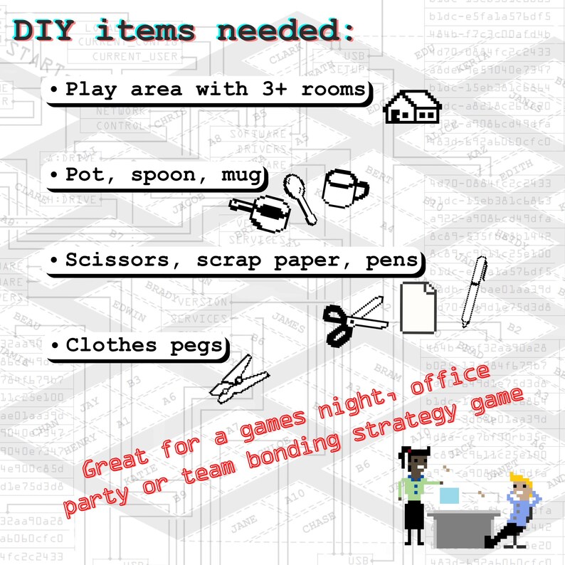 May include: An image listing DIY items: a play area, pot, spoon, mug, scissors, paper, pens, and clothes pegs. Text reads "Great for a games night, office party or team bonding strategy game."