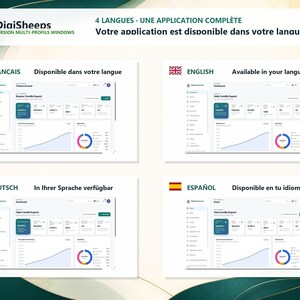 May include: A digital dashboard interface for the DiaiSheeps software application, displayed in four languages including French, English, German, and Spanish. The screen shows user metrics, financial data, growth charts, and a circular progress graph.