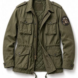 Olive Green Military Field Jacket Mens Utility Jacket with Bear Patch Vintage Style Drawstring Waist