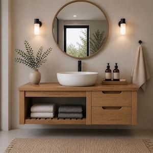 Tocador de baño flotante rústico, tocador de madera reciclada, mueble de lavabo de madera maciza, muebles de baño hechos a mano, tocador de estilo granja.