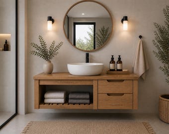 Tocador de baño flotante rústico, tocador de madera reciclada, mueble de lavabo de madera maciza, muebles de baño hechos a mano, tocador de estilo granja.