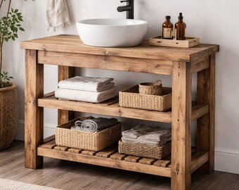 Reclaimed Wood Open Shelf Rustic Bathroom Vanity – Farmhouse Sink Cabinet