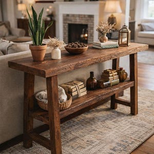May include: A rustic, wooden console table with a lower shelf, displaying decorative items. The top shelf holds a potted plant, a vase, a bowl of pinecones, and books. The lower shelf features a basket, books, and bottles. The table sits on a patterned rug.