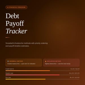 Puede incluir: Gráfico de planificación financiera con el texto "Debt Payoff Tracker". Detalla los métodos Snowball y Avalanche, mostrando barras de progreso para los saldos de tarjetas de crédito, préstamos estudiantiles y préstamos para automóviles. Fondo marrón degradado.