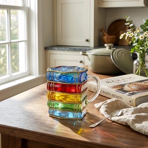 May include: A colorful glass mug shaped like a stack of books. The mug features blue, red, yellow, and green "book" sections with gold trim. A clear handle is attached to the side. The mug sits on a wooden table next to a cookbook.