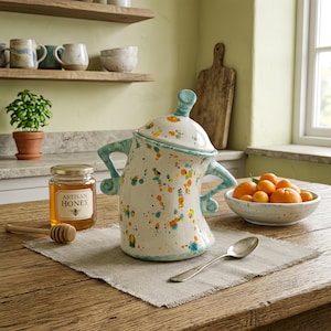 May include: A whimsical ceramic jar with a lid, featuring a white base adorned with colorful splatters of blue, orange, and yellow. The jar has turquoise handles and a matching finial. A jar of honey with a label that reads "ARTISAN HONEY" is also present.