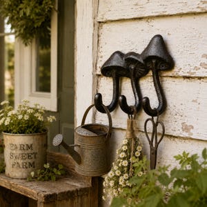 May include: A black cast iron wall-mounted hook rack featuring three mushroom-shaped hooks. The hooks are arranged horizontally, with each stem curving downward to form a functional hook. The textured metal surface has a dark, matte finish.