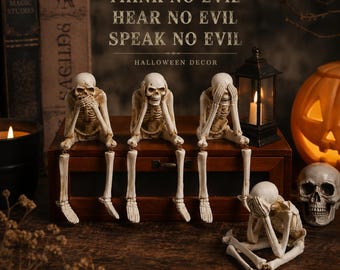 See No Evil Skeleton Figurine, Gothic Halloween Decor, Resin Skeleton Shelf Sitter, Spooky Home Decoration Gift