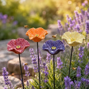 Könnte beinhalten: Vier keramische Blumen-Gartenstecker in Rot, Orange, Violett und Gelb, jeweils mit einem gelben Blütenstempel in der Mitte. Die Blumen sind auf dünnen schwarzen Metallstäben montiert und stehen zwischen violettem Lavendel mit fliegenden Bienen.